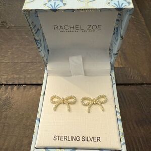 Rachel Zoe Gold Bow Faux Pearls Sterling Silver Delicate Earrings In Gift Box